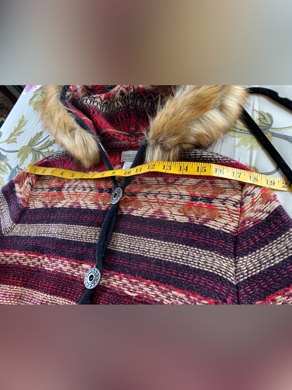 Vintage Boho Nepal-inspired Cardigan Sweater w Leather Belt & Faux Fur Hood - Picture 12 of 16
